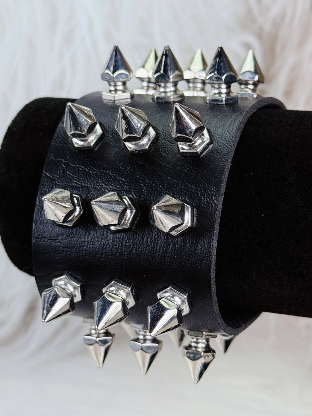 Lightweight, steampunk, black faux leather, silvertone spiked costume bracelet